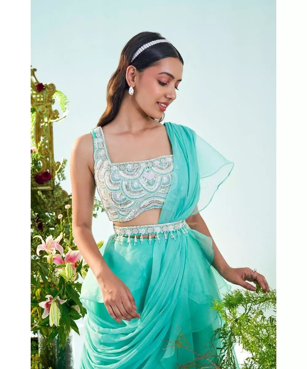 MANI BHATIYA - Aqua blue ruffle Drape Saree with embroidered Belt